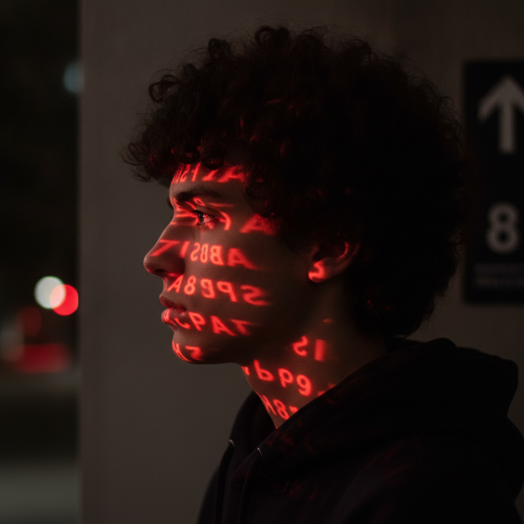 Mysterious Profile with Red Alphanumeric Projection Prompt