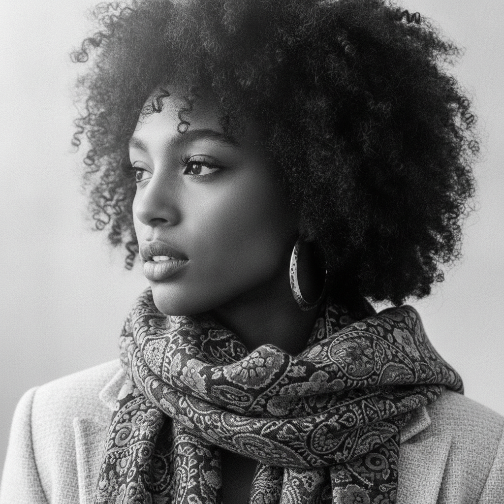Black and White Portrait of Thoughtful Woman with Curly Hair Prompt