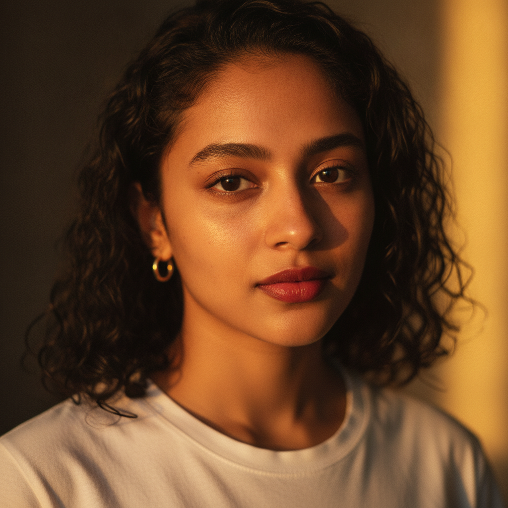 Warm Golden Hour Portrait of a Woman with Curly Hair Prompt