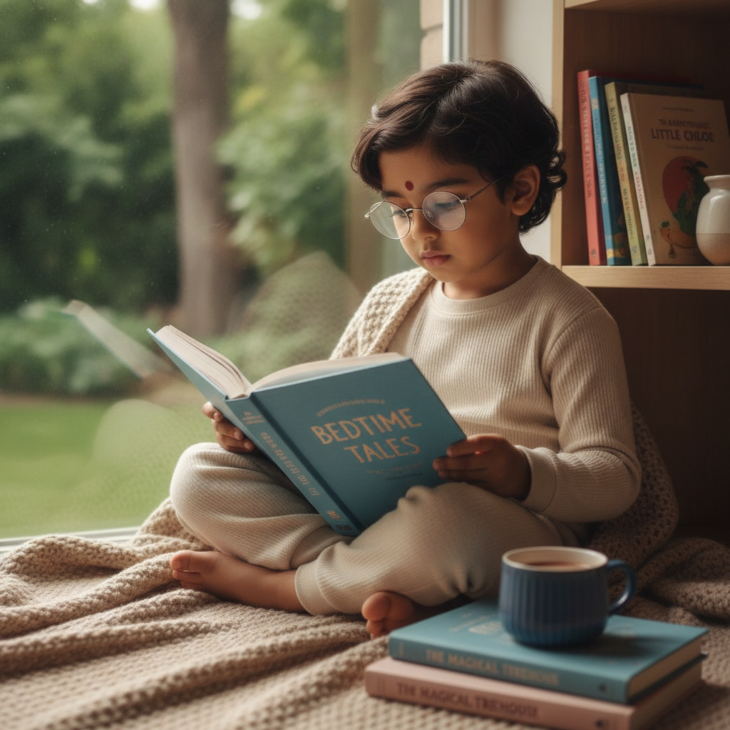Little Boy Reading Bedtime Tales by Window Light Prompt
