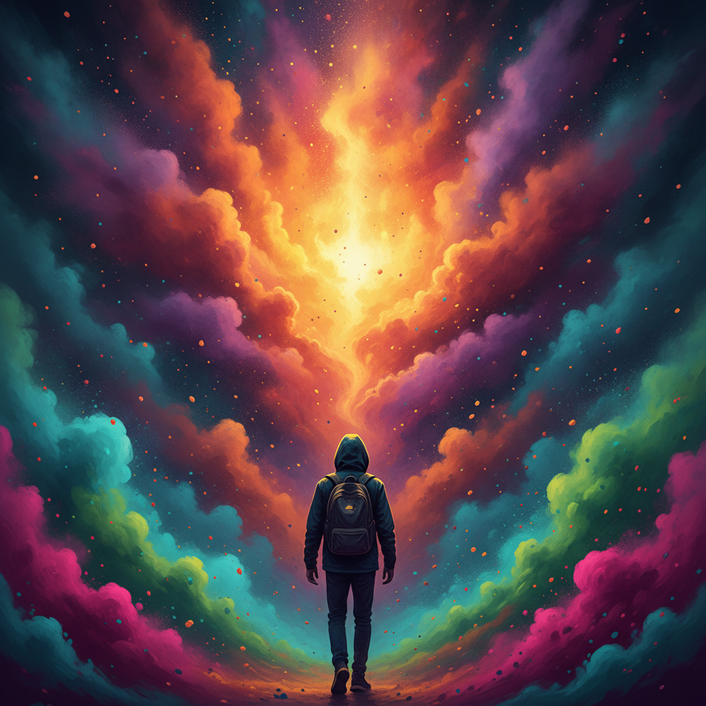 Lone Figure Walks Through Vibrant Color Explosion Prompt