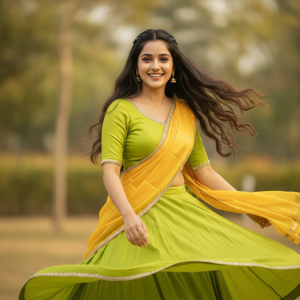 Joyful Indian Woman in Vibrant Half Saree Smiling Prompt