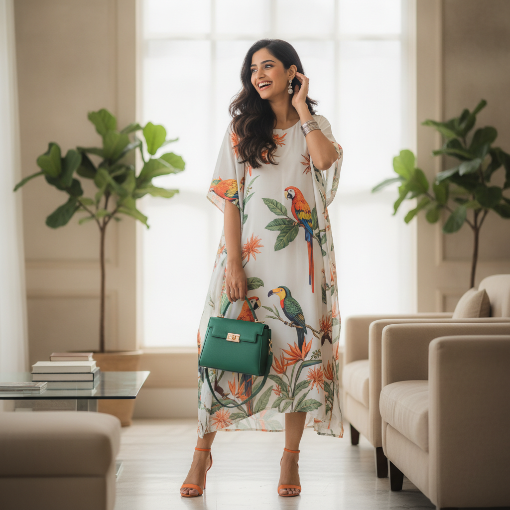 Woman in Tropical Kaftan Dress with Green Handbag Prompt