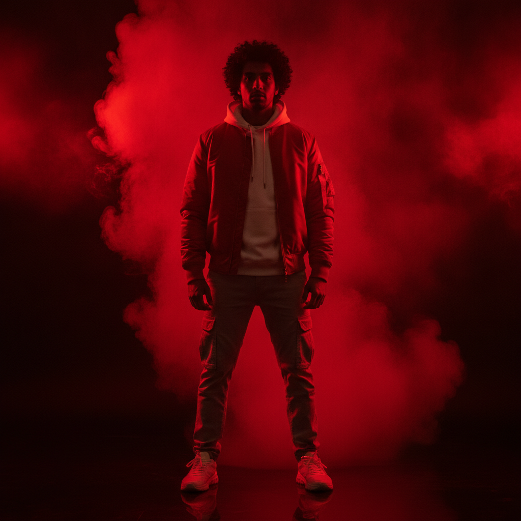 Dramatic Streetwear Portrait Against Red Smoke Prompt
