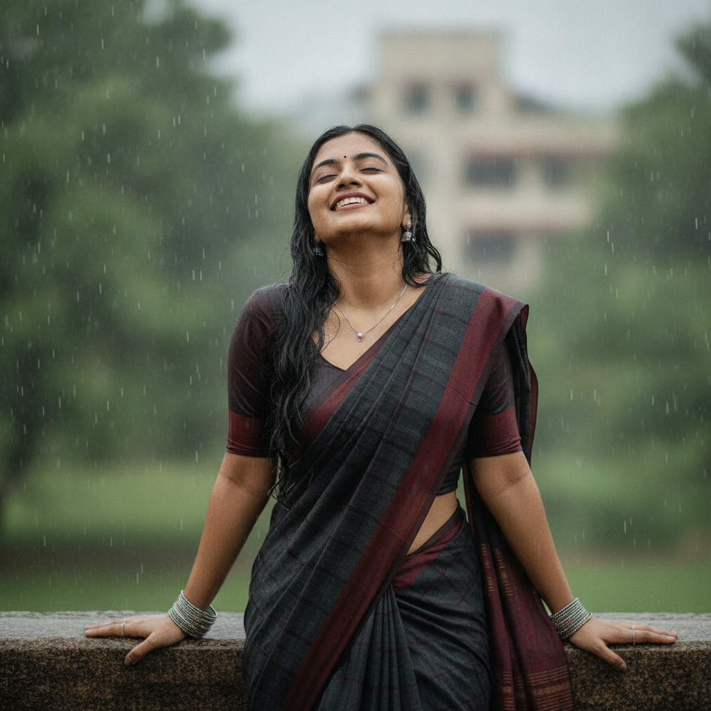Joyful Woman Enjoying Monsoon Rain in Saree Prompt