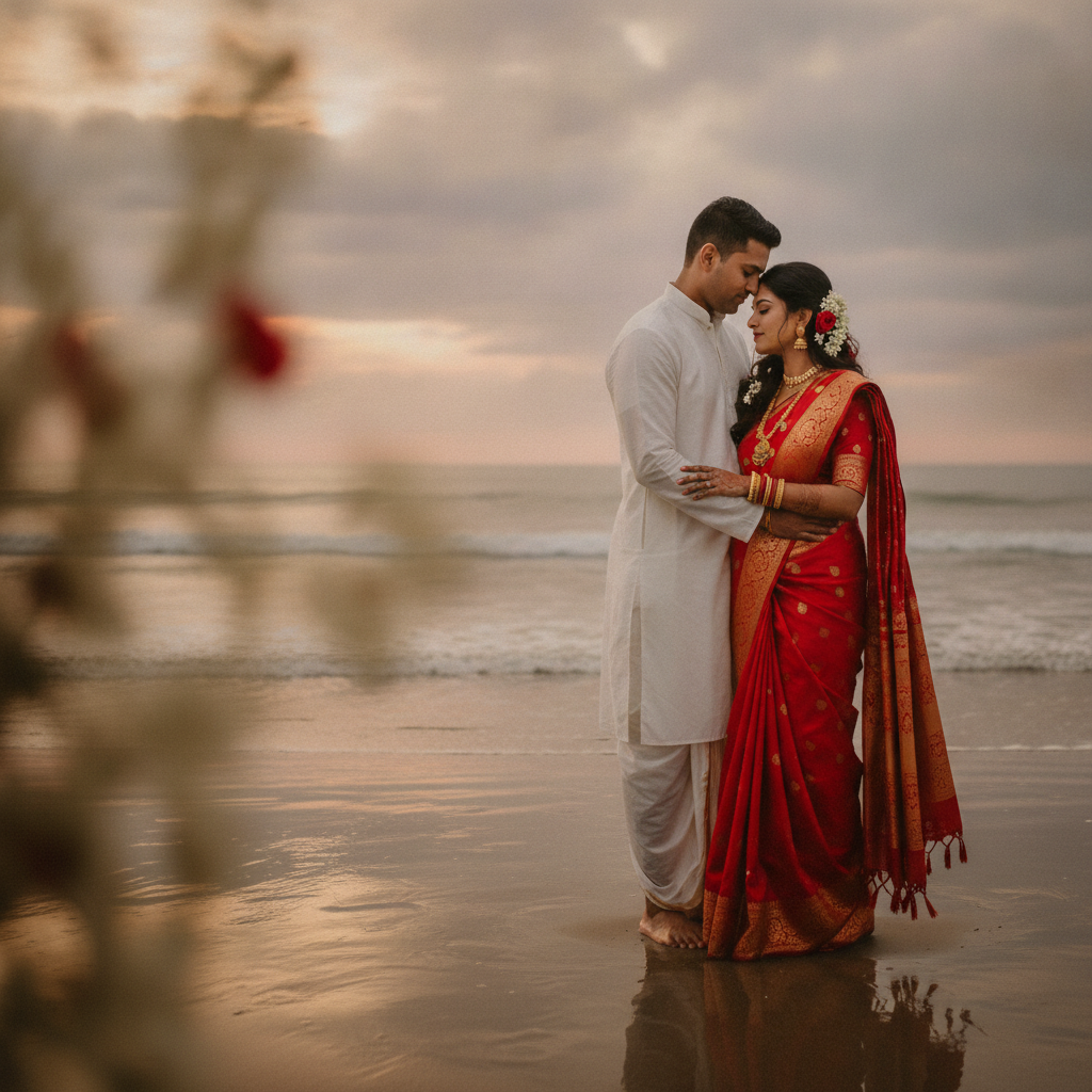 Romantic South Asian Couple Embracing on Beach Prompt